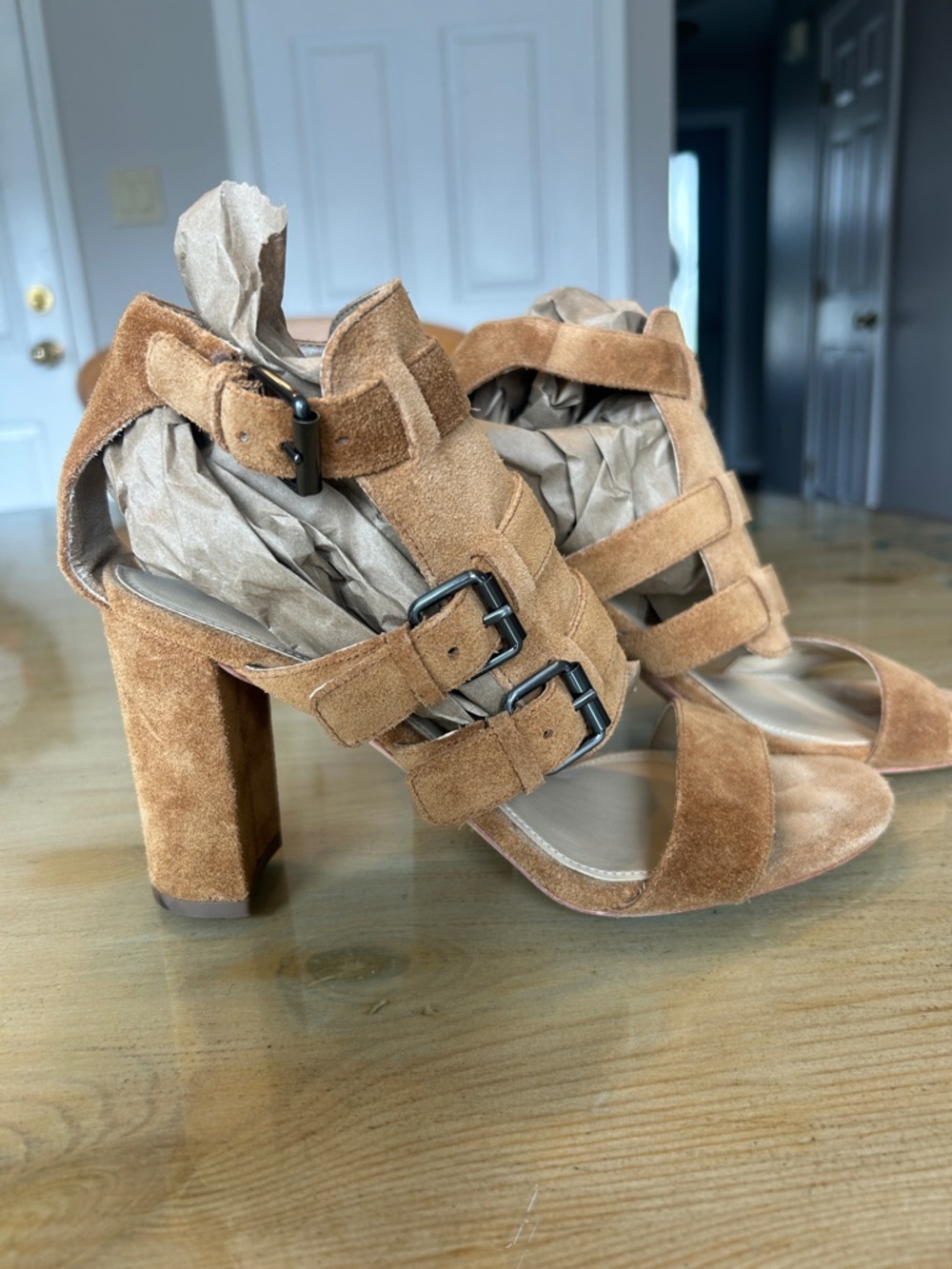Via Spiga Cognac Suede Strappy Open-Toe Heels